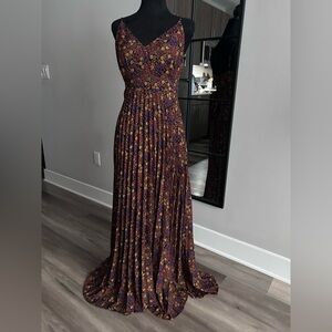 Floral V-Neck Maxi Dress in Black with Purple & Gold Accents